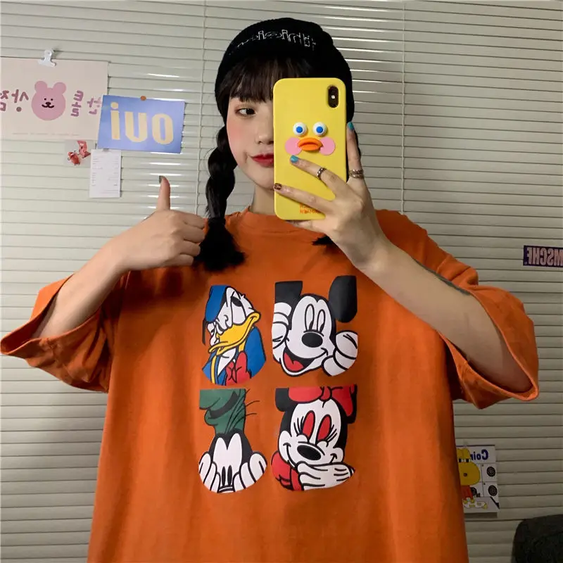 

Disney Summer Loose Korean Style Trendy BF Idle Style Student Top Cartoon Mickey Family Cotton Short Sleeve T-shirt