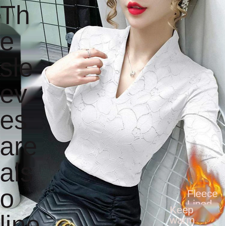 

Thin/velvet Deep V-neck Lace Bottoming Shirt Women's Long Sleeve Interior with Foreign Style Spring 2021 New Slim Mesh Coat