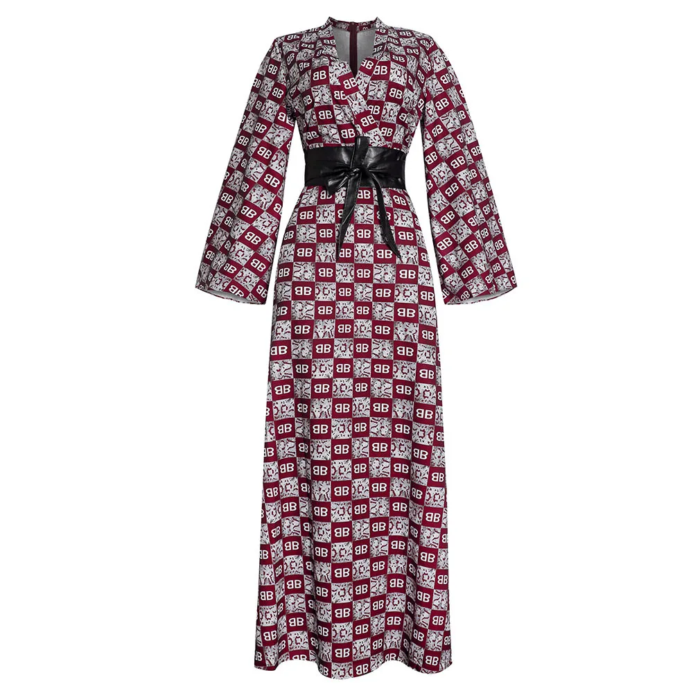 2021 Muslim new plus size 3XL chiffon V-neck printed letters waist slim slimming dress Islamic clothing
