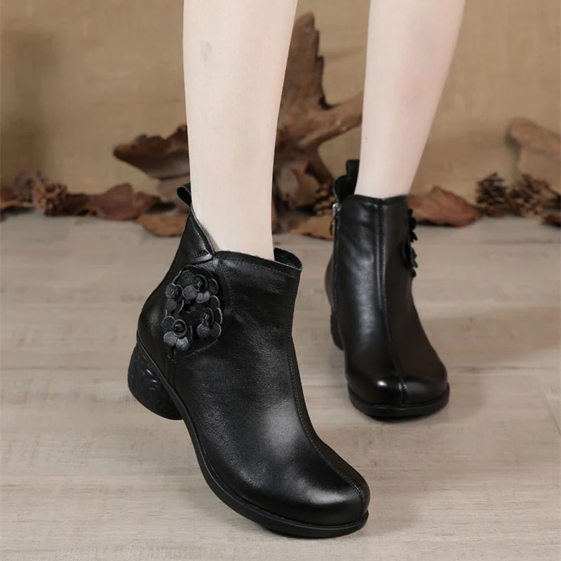 

TIMETANG2020 New Autumn Winter Thick Heel Ankle Boots Women Warm Boots Shoes Handmade Genuine Leather Flowers Zipper Retro Boots