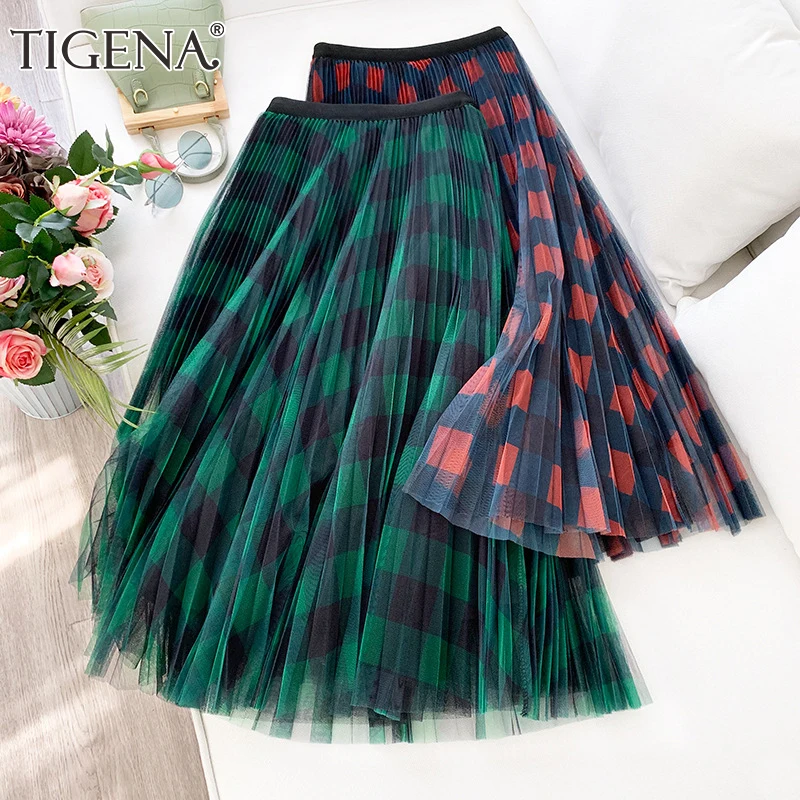 

FAKUNTN Long Plaid Tulle Skirt Women Fashion 2021 Summe Elegant A Line High Waist Pleated Checked Maxi Skirt Female Ladies Green