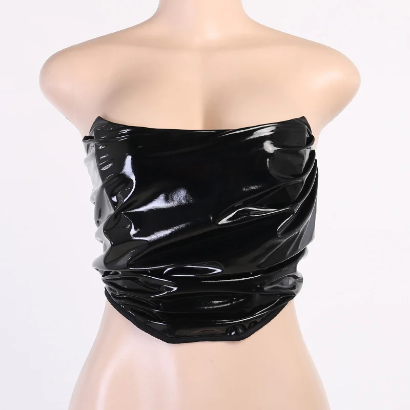 

Women Tube Top Leather Women Slim Slash Neck Strapless Sexy Club Party Night Backless Black Ladies Top Ruched Backless S220