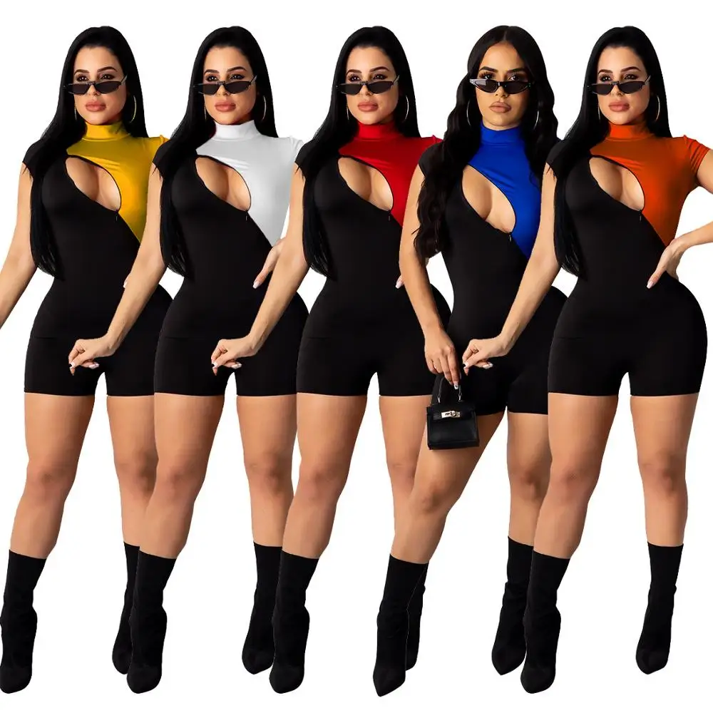 Женский Облегающий комбинезон на молнии с коротким рукавом и ложным воротником |