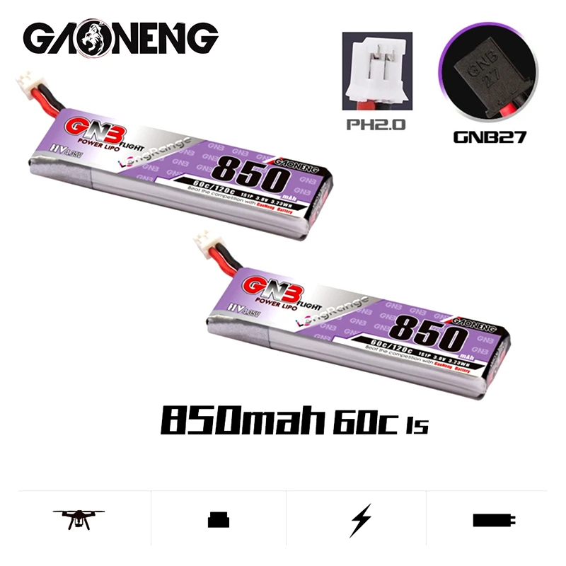 

2PCS GAONENG GNB 850mAh 1S 3.8V 60C/120C Lipo Battery HV 4.35V For RC Helicopter Quadcopter FPV Racing Drone Parts PH2.0/GNB27