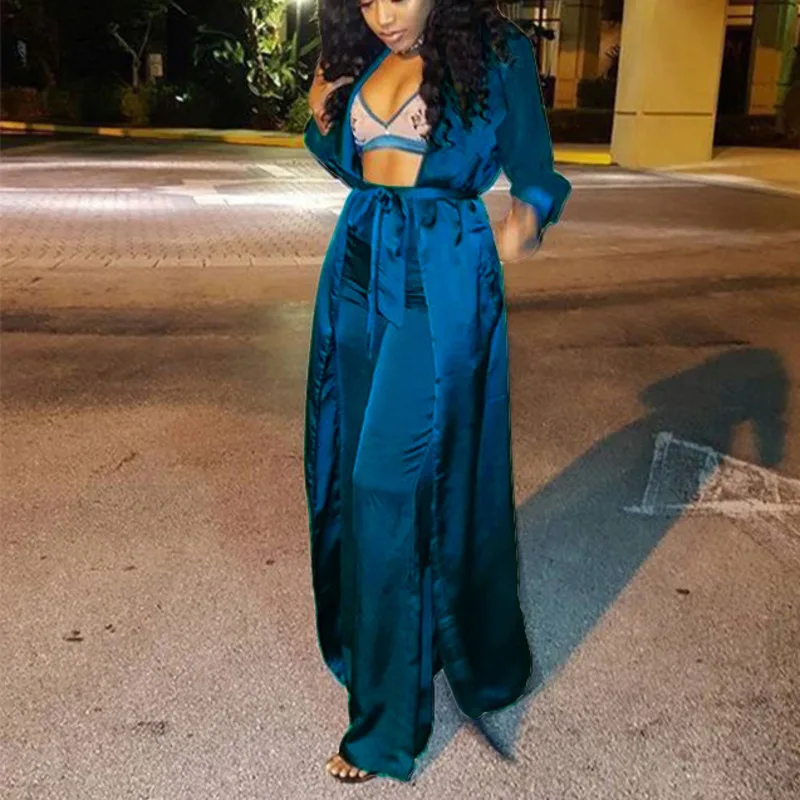 

Women Satin Open Stitch With Sashes Long Trench +straight Long Pants Suits Two Piece Set Wide Leg Pants Tracksuit Outfit