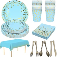 81pcslot wedding bronzing polka dot blue tableware set paper cup plate for disposable tableware birthday party supplies decor
