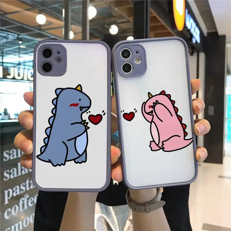 

Cute Cartoon Animal Dinosaur Couple Phone Cases Matte transparent For Gray iPhone 12 Mini 11 Pro XR XS Max 7 8 Plus X Back Cover
