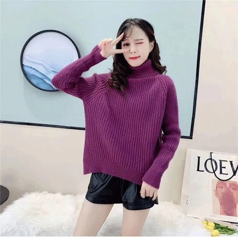 

Women's Korean Style Oversized Knitting Sweaters Solid Turtleneck Pit Knitted Pullover Tops Office Lady Knitted Sweaters Winter