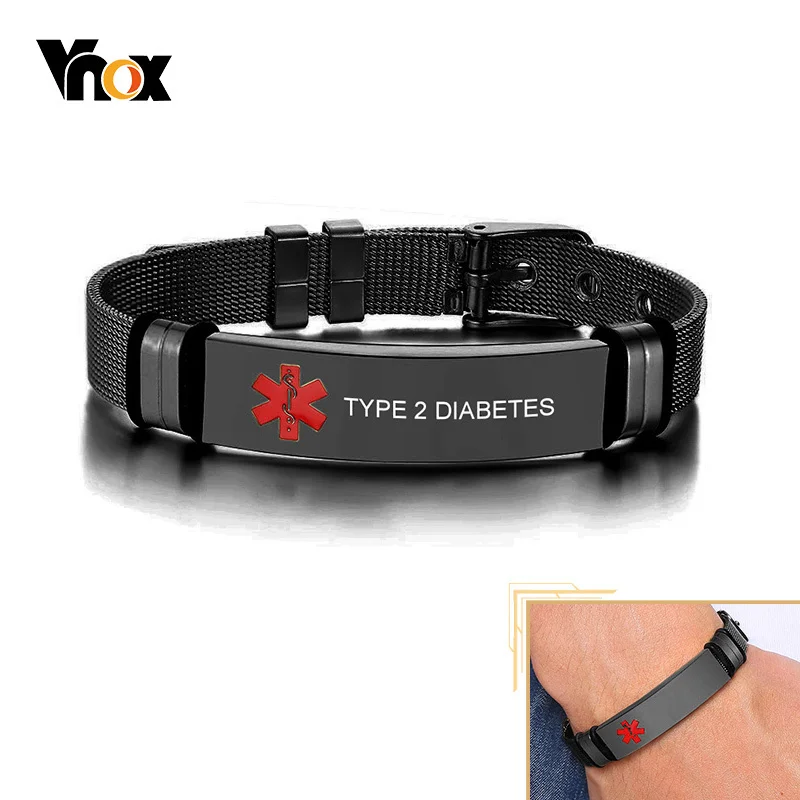 

Vnox Personalized Engrave Medical Alert ID Bracelets for Men, Black Stainless Steel Male Wristband Jewelry, Length Adjustable