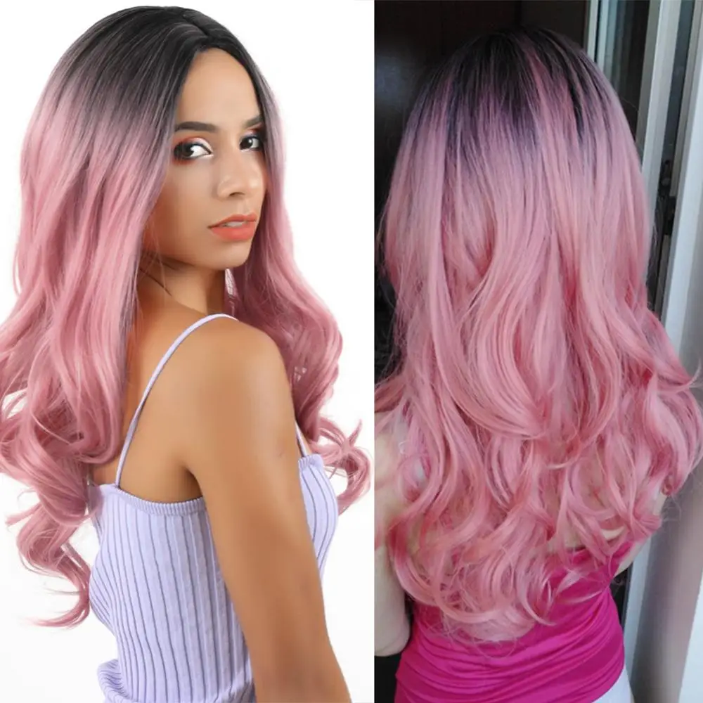 Black Pink FAVE синтетические парики Длинные Ombre черный розовый/коричневый/блонд волосы высокая температура волокно Волнистые Косплей для черный белый женский парик - Цвет: Black Pink
