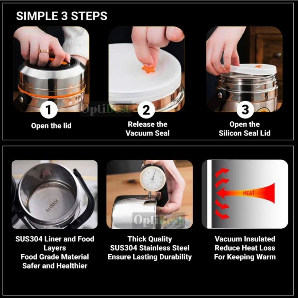 

304 stainless steel vacuum insulated lunch box (3 layers, 1.5L, 2.0L, 2.5L) large capacity adult office worker student lunch box