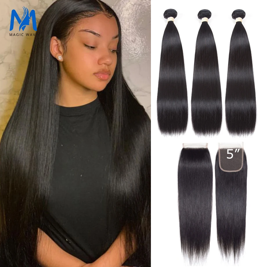 

Magic Wave 5*5 Lace Closure and Human Hair Bundles 36 40 Inch Bone Straight Bundles 3 Bundles With Lace Closure HD Transparent