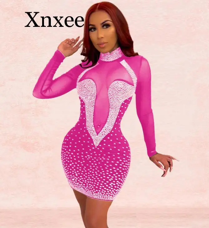 

Rhinestone Birthday Dress Sheer Mesh Sheer Sexy See Through Dress Club Bodycon 2020 Black Tight Mini Dresses Woman Party Night