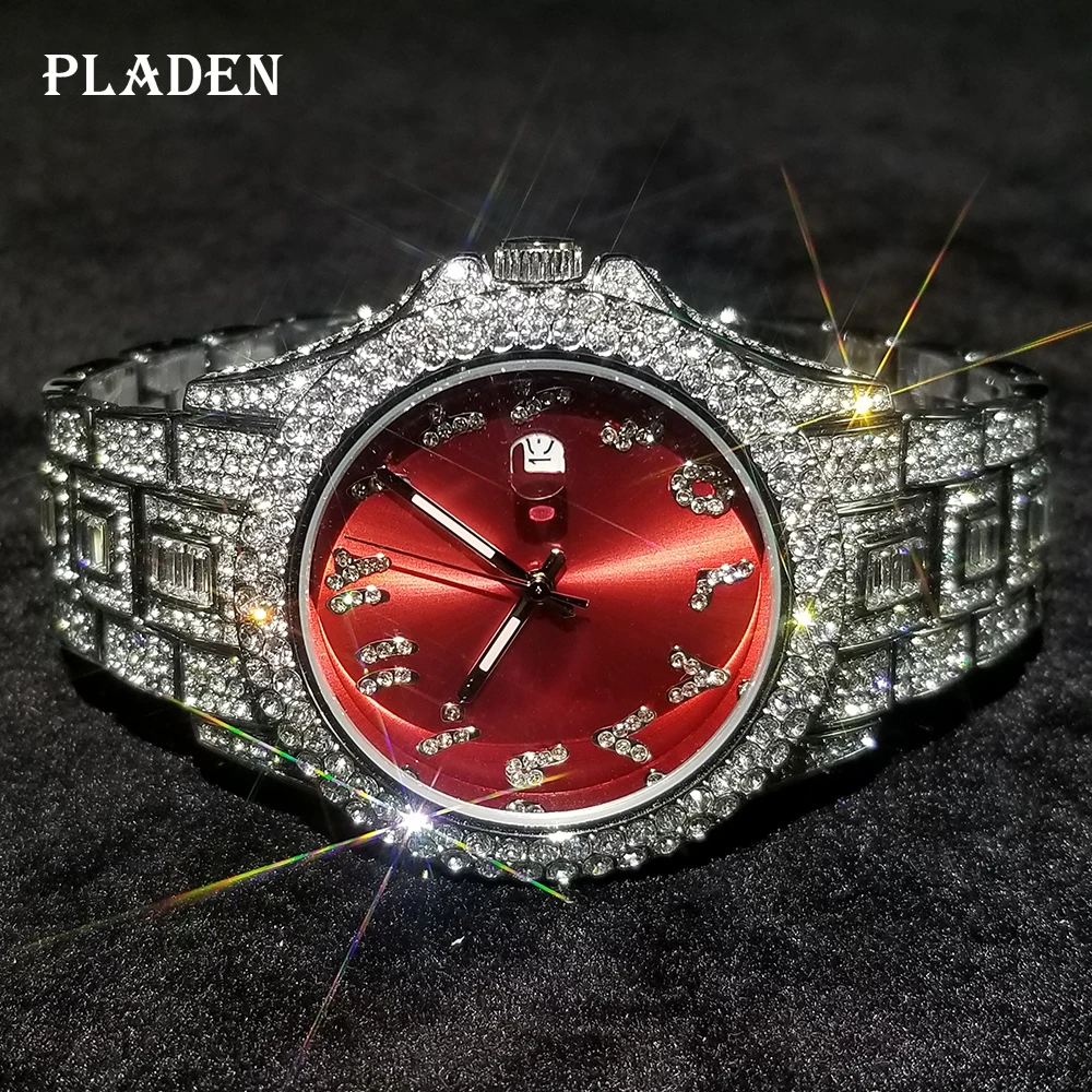 

PLADEN Luxury Men's Watches Hip Hop Full Diamond AAA Top Brand Quartz Wristwatch Bling Iced Out Stainless Steel Waterproof Clock