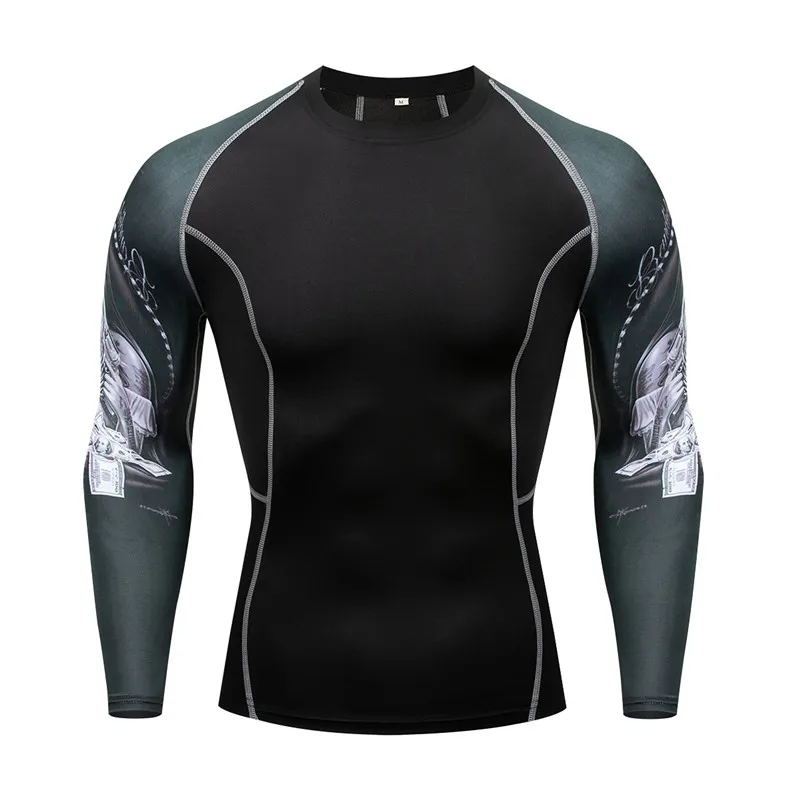 

New muscle men tight compression t-shirt long sleeves prints mma rashguard base layer fitness weight lifting wear