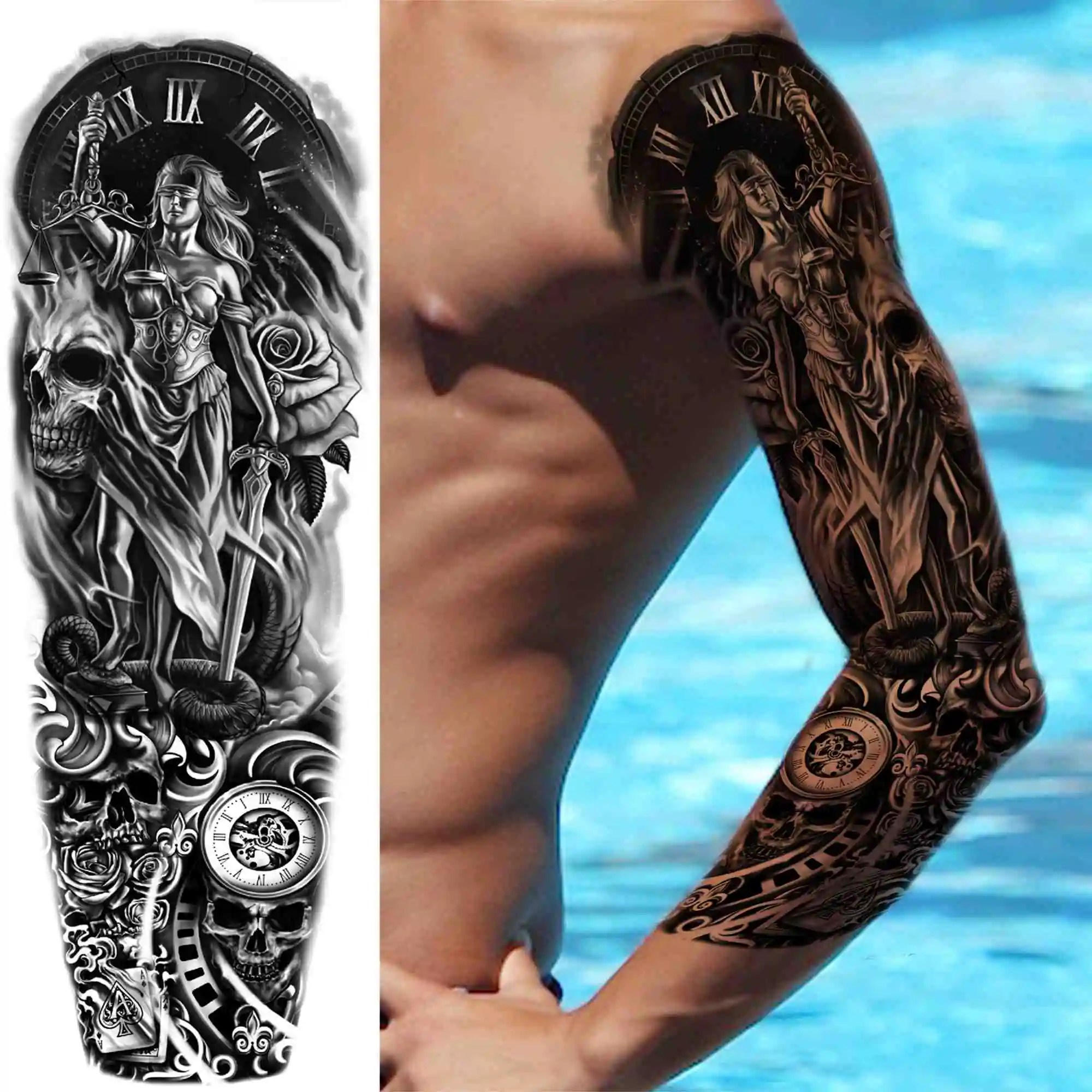 Тату-наклейка Механическая на всю руку с черепом для мужчин женщин волчьи глаза