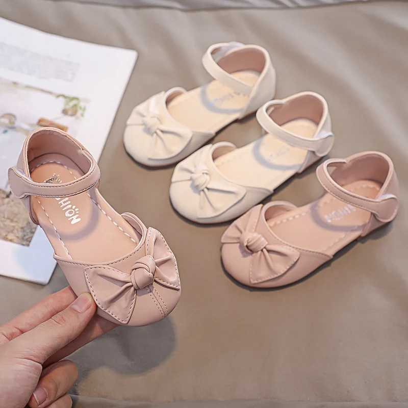 

Korean Style Sweet Girls Sandals Bowtie Children's Leather Flats All Match Solid Color Old Kids Princess Shoes Soft T21N06LS-49