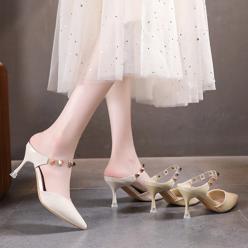 

Fashion Pointed Toe Women High Heels Pumps 2021 Newest Female Pu Leather Rivets Kitten Heels for Ladies Prom Working Dress Shoes