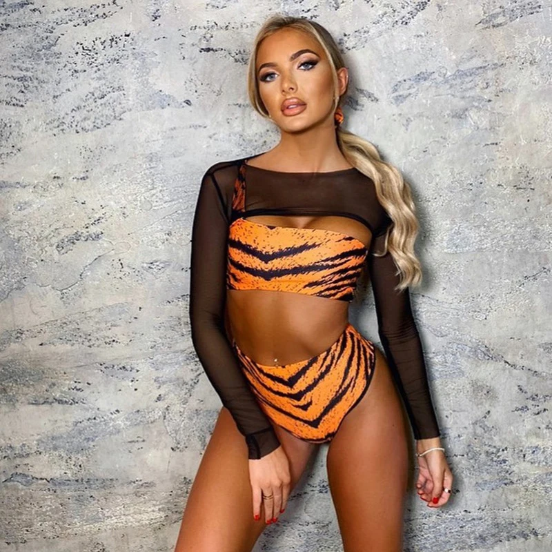 

Bikini 2021 Women Swimsuit Sexy Bandeau Long Sleeve Mesh Swimwear Bikini Set Leopard Print Biquini 3 Pieces Bathing Suit Female