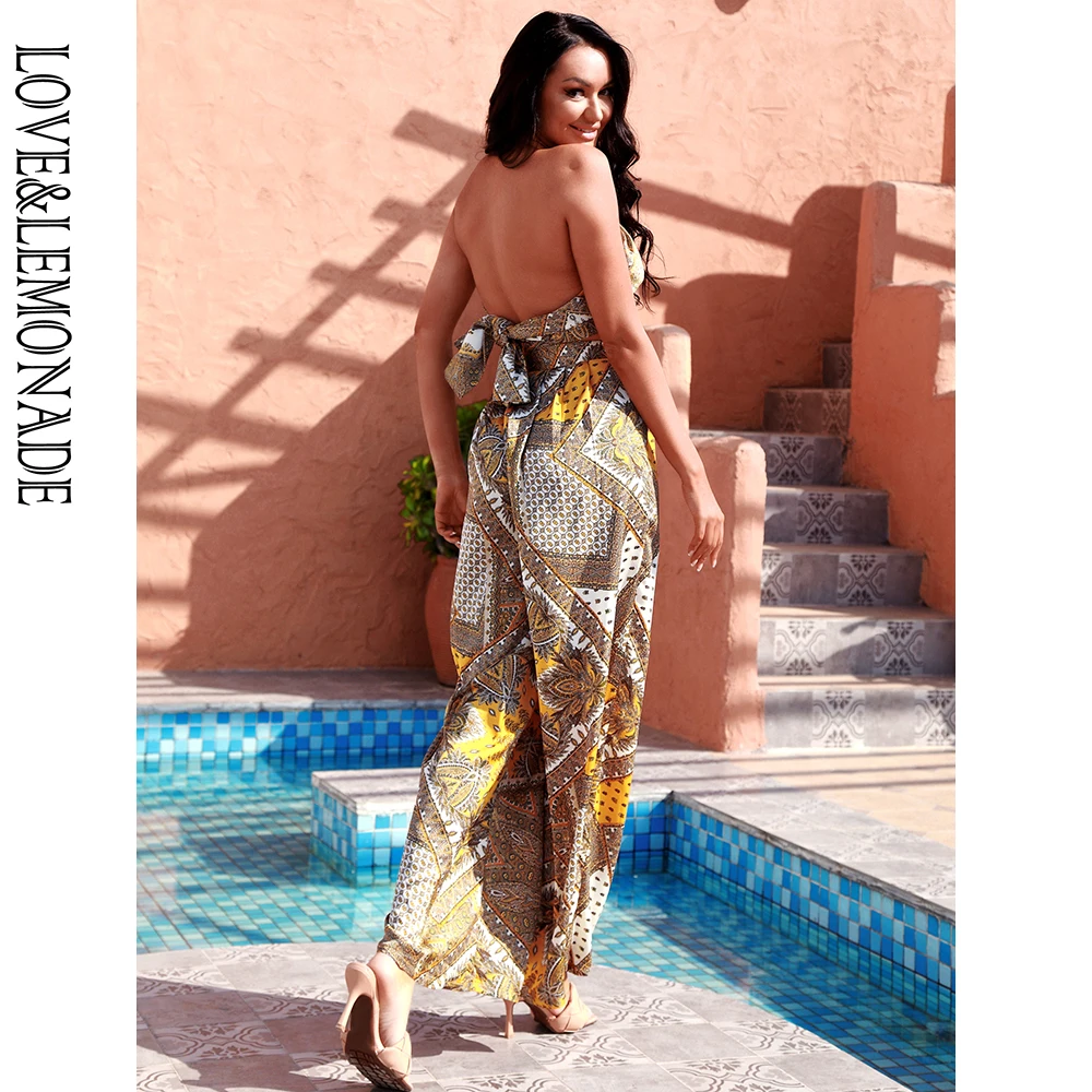 

LOVE&LEMONADE Sexy Two-Pieces Changeable Straps High Waist Wide Leg Shape Yellow Plaid Print Set LM6473-10