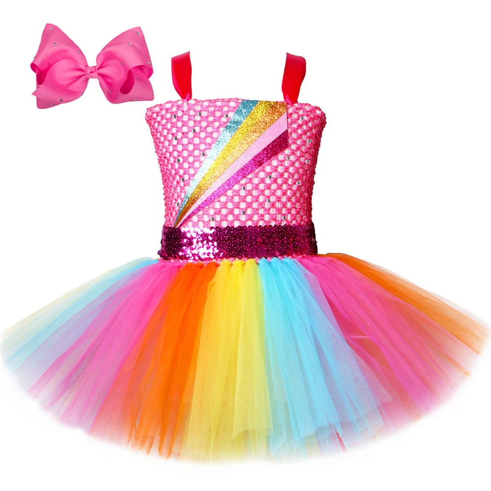 Платье-пачка с бантом Jojo Siwa, Радужное платье принцессы для девочек, тюлевые Детские платья-пачки для девочек, праздничный костюм на день рож...