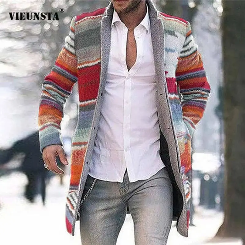 

Куртка мужская с воротником-стойкой, винтажная приталенная Повседневная модная однобортная с длинным рукавом, с разноцветным принтом, улич...