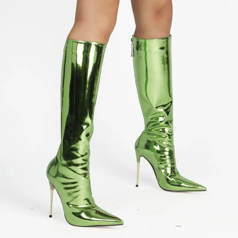 

Sexy Metal Stiletto Women's Boots Fashion Zipper Mirror Patent Leather Knee High Boots Ladies Pointed Toe Autumn Winter Shoes