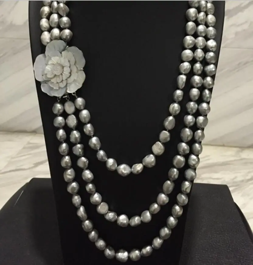 

NEW HandNEW 3rows knotted Autumn winter essential 9-10mm Natural gray freshwater pearl necklace 20inches