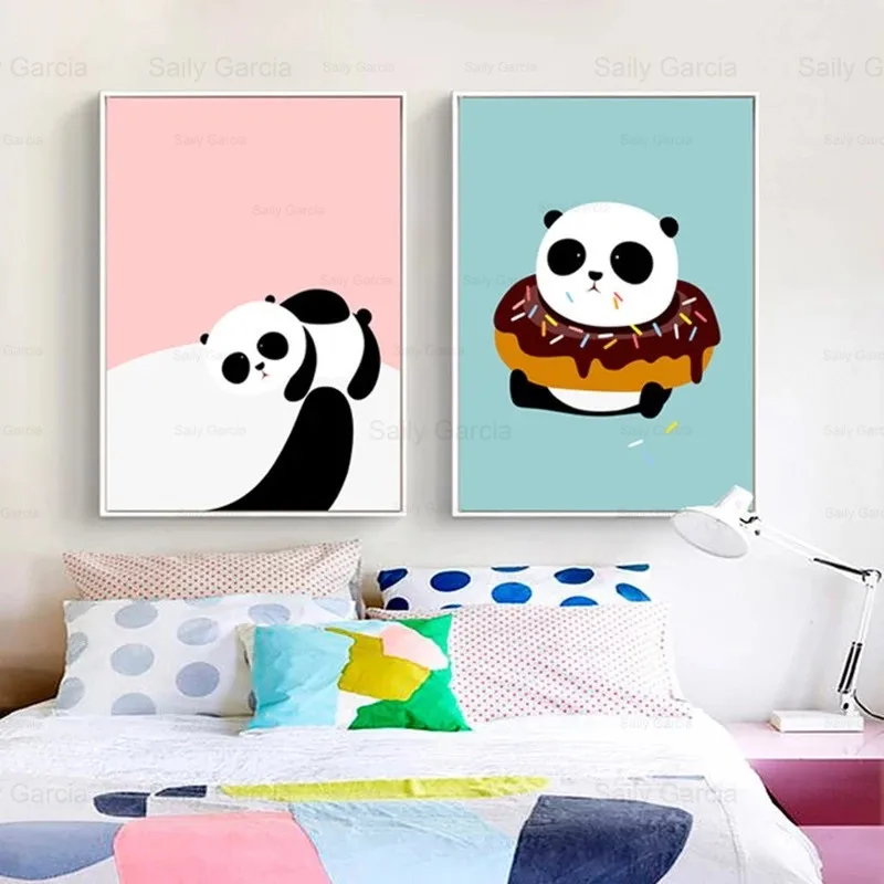 

Cartoon Cute Panda Wallpaper Poster Donut Canvas Painting Art Nursery Print Home Kids Room Decoration Picture Craft Nordic