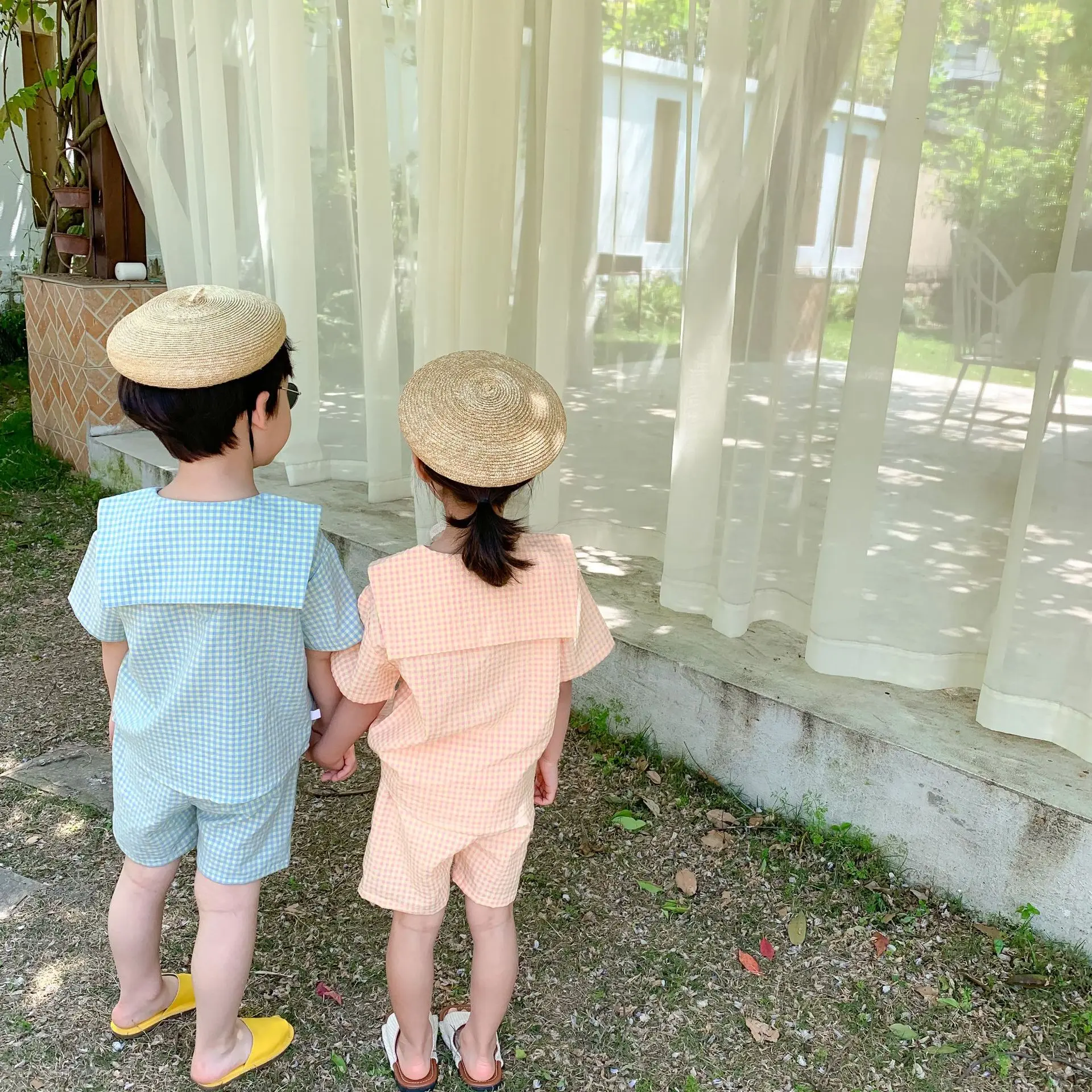 Летние милые комплекты одежды в клетку с матросским воротником для мальчиков и