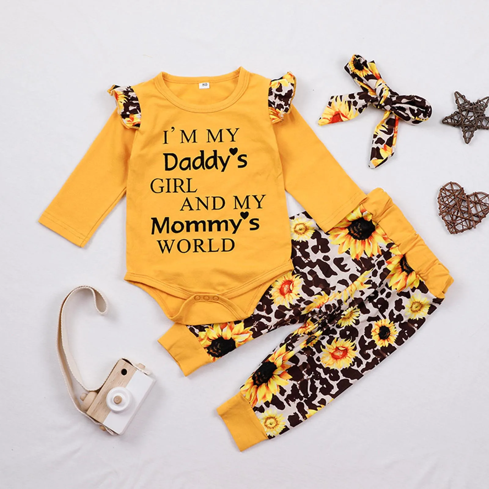 

Newborn Baby Clothes Set Infant Girls Long Sleeve Letter Romper Sunflower Print Pants Headbands Set Clothing комплек одежд