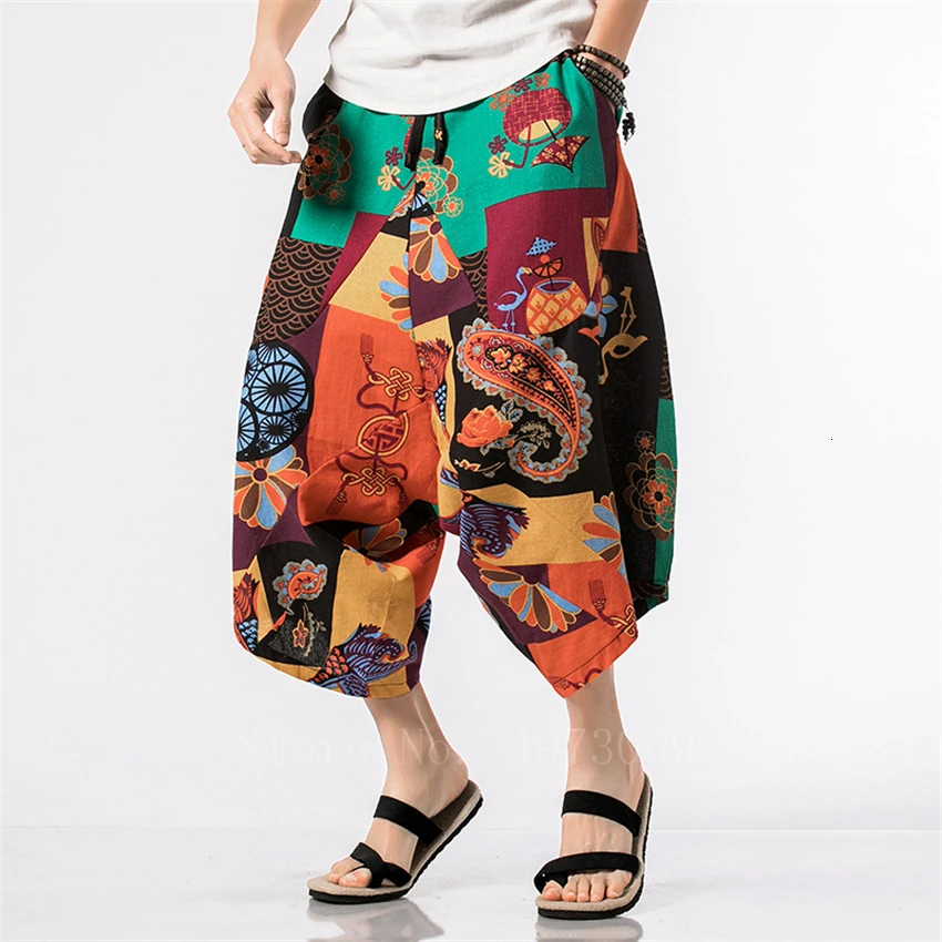 

Men's Japanese Harajuku Style Wide Lege Pants Fashion Summer Floral Print Harem Trousers Three Quarter Length Loose Pants