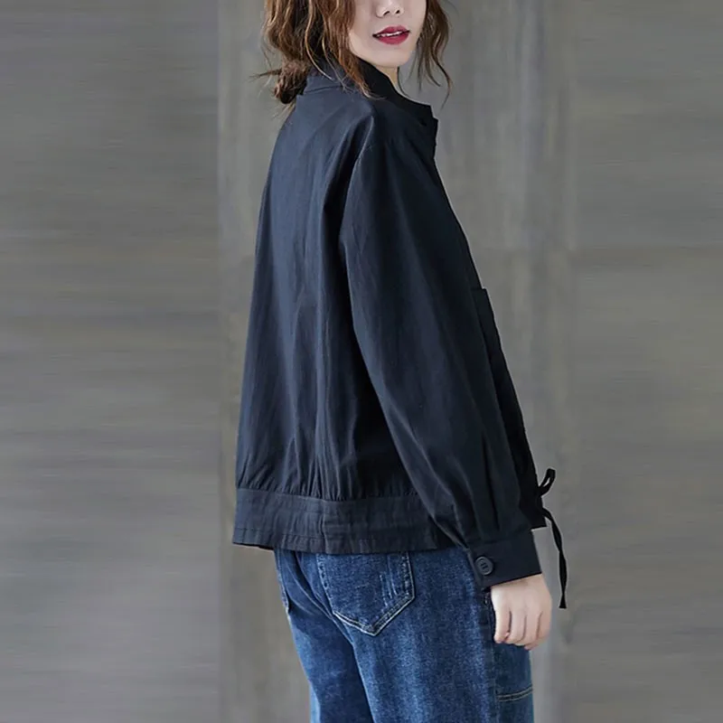 

Women Cotton Linen Casual Jackets New 2020 Autumn Korean Simple Style Stand Collar Solid Color Ladies Outerwear Coats S2173