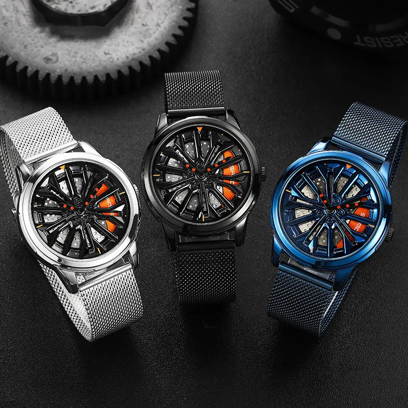 

New Personality Cool Men's Watch 3D Stereo Wheel Rotating Dial Watch For Men Fashion Casual Waterproof Mesh Strap Watches