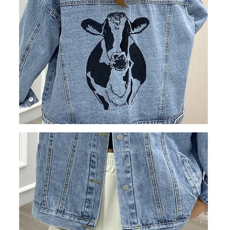 

Women Denim Jean Jackets Spring 2021 Cow Embroidery Streetwear Harajuku Za Vintage Clothing Loose Long Sleeve Coat Basic Outwear