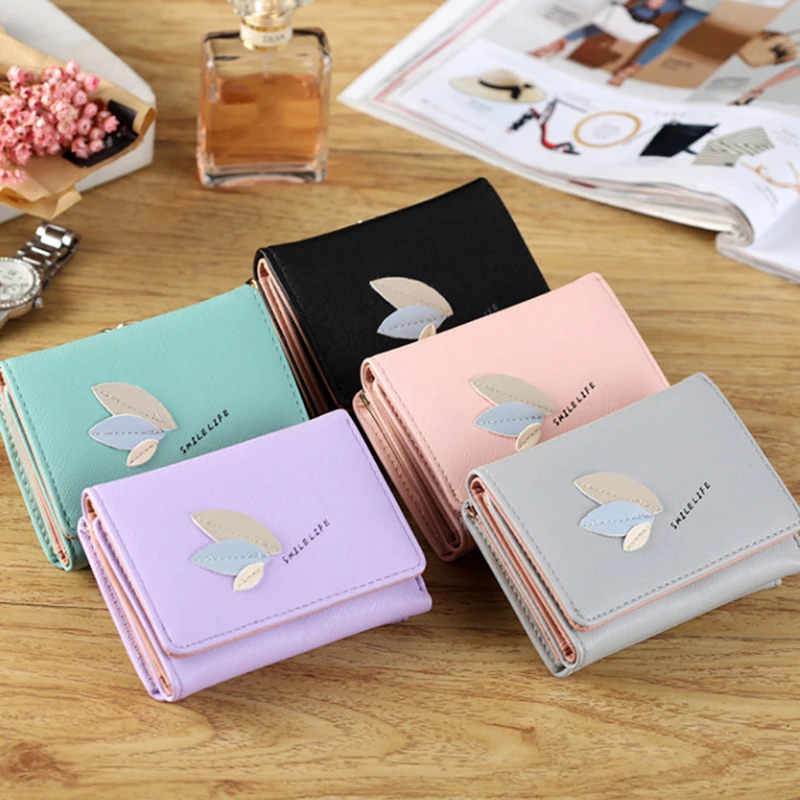 

New Fashion Lady PU Leather Leaves Short Zipper Hasp Wallet 2019 Women Purse Case Handbag