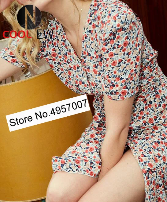 

Ladies V Neck Floral Printed Button Front Midi Dress With Short Sleeve & Waist Ties