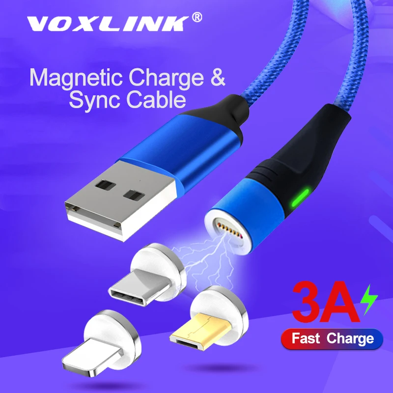 Магнитный usb кабель VOXLINK 3 0 LED для iPhone xXs 6 USB TypeC и Micro в нейлоновой оплетке Samsung Xiaomi