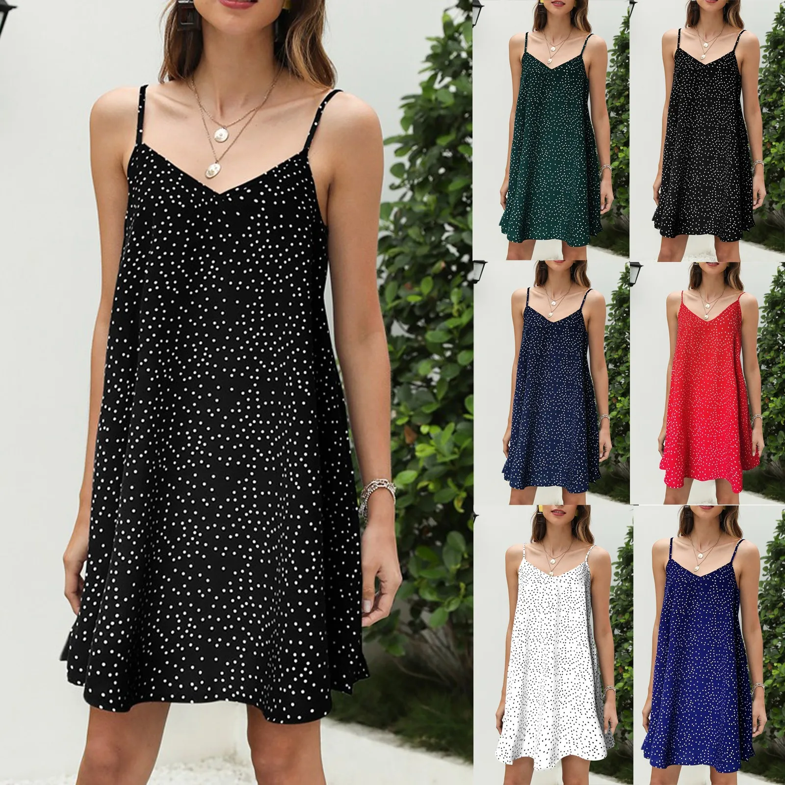 

Casual Loose Irregular Dots Printing A-line Skirt Sleeveless Suspender V-neck Women's Knee Length Dress Straight Skirt