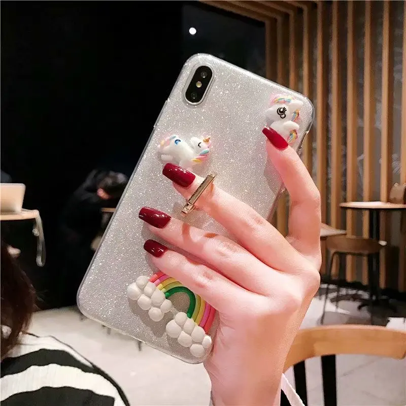 Transparent Glitter Phone Case For iPhone 6 6S 7 8 Plus X XS XR SMAX 3D Unicorn With Ring Stand Anti-knock Soft Back Cover Capa |