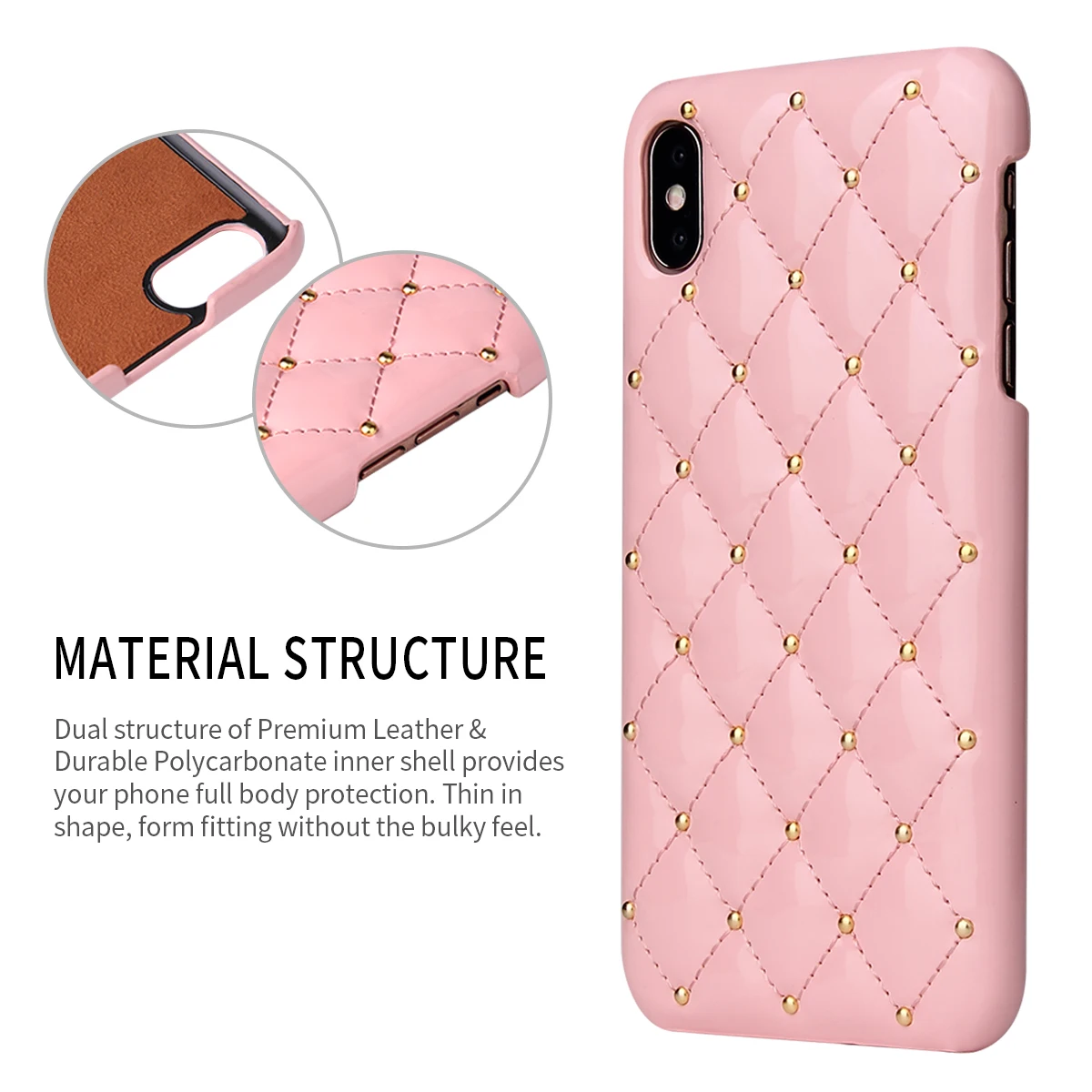 Luxury Soft patent leather Rivets Cover For iPhone XR XS 12 13 11 Pro MAX first layer Phone Case For iPhone 6 6S 7 8 Plus coque images - 6