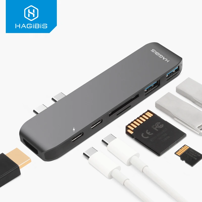 Hagibis 7-в-1 двойной USB-C концентратор Тип-C USB HUB адаптер USB-C к HDMI SD/TF Card Reader PD зарядки 4 к HD для MacBook Pro USB 3,0 концентратор