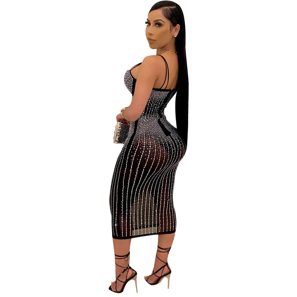 

Black/apricot Sparkly Rhinestones Bandage Dress Women Spaghetti Strap Sleeveless Party Dress Sexy Backless Translucent Vestidos