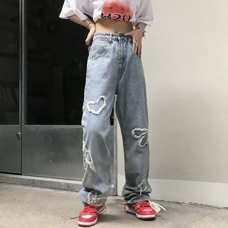 

Fashion high-street Baggy jeans women love Patch micro-flared trousers female Streetwear straight denim wide-leg pants Unisex