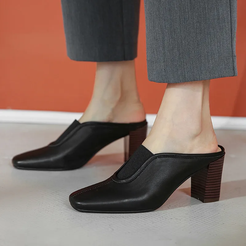 

VERCONAS 2021 Office Lady Woman Sandals Classic Design Woman Pumps Summer Genuine Leather Square Toe Square Heels Shoes Woman