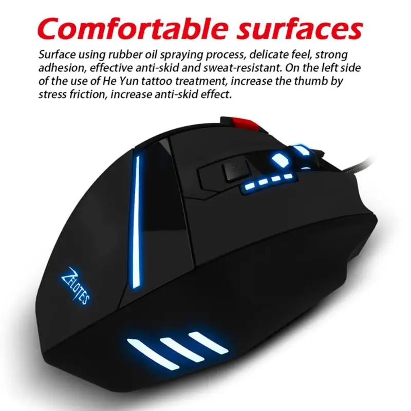 ZELOTES T-60 программируемая Проводная игровая мышь USB 7200 dpi 7 кнопок светодиодный оптическая компьютерная геймерская мышь для ноутбуков настольных ПК мыши