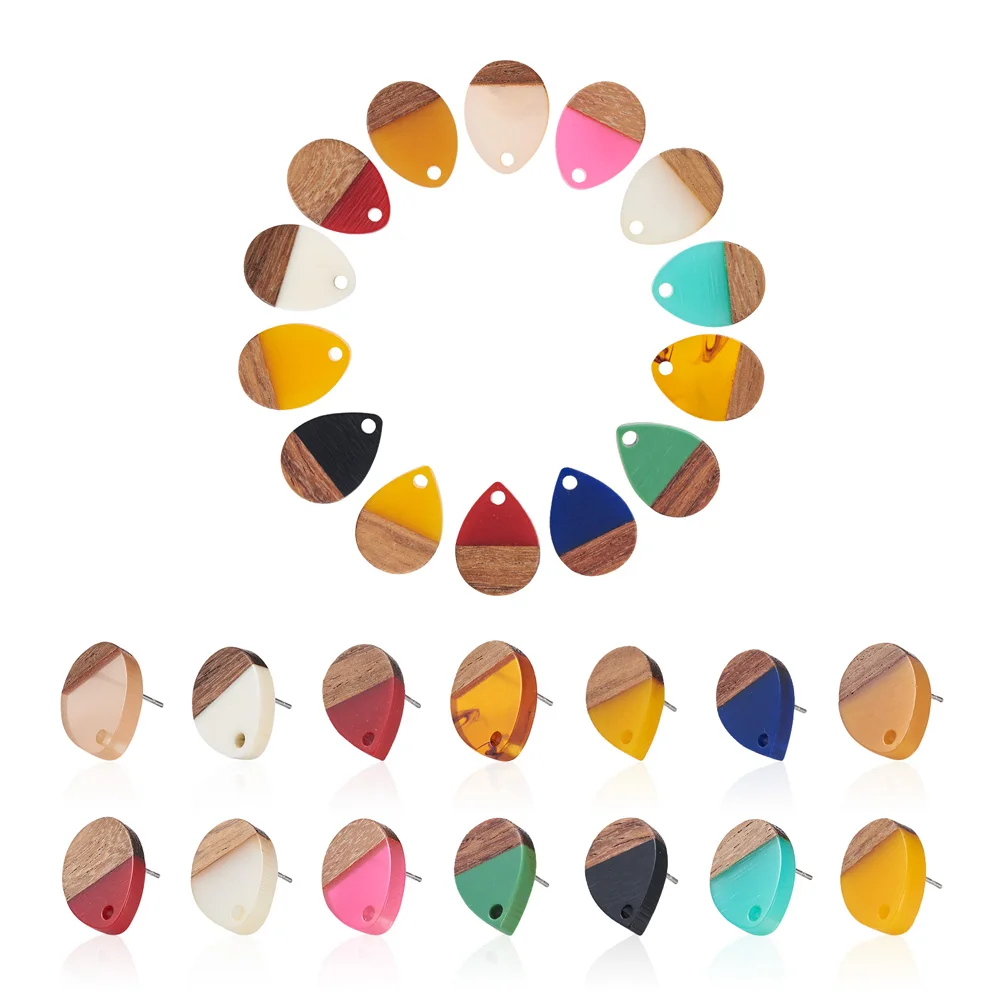 

14pairs/box Resin Walnut Wood Stud Earring Findings with 304 Stainless Steel Pin Teardrop Mixed Color 17x13mm