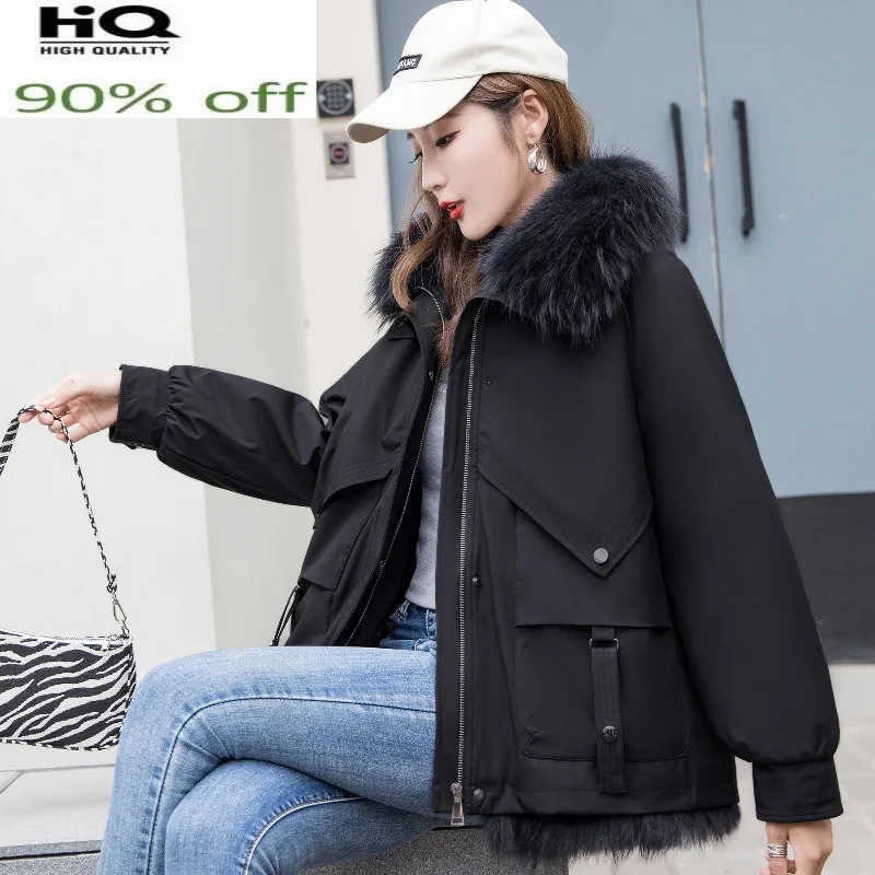 

Big Raccoon Fur Collar Parkas Women Autumn Winter 2022 Hooded Real Rabbit Fur Liner Jacket Female Casaco Feminino Gxy1046