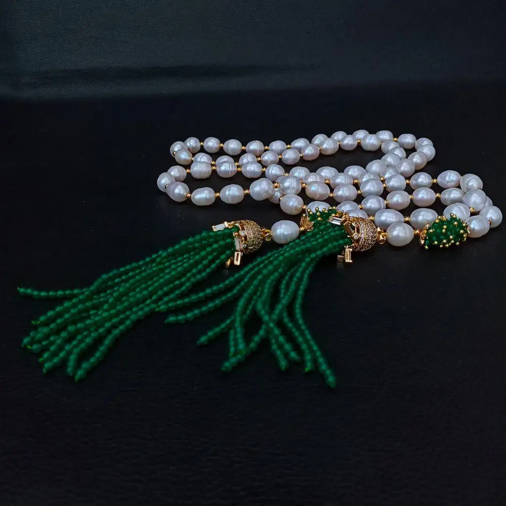Y·YING 51'' Cultured White Rice Pearl Green stone Tassel CZ Pave Pendant Long Necklace sweater necklace for party women gift |