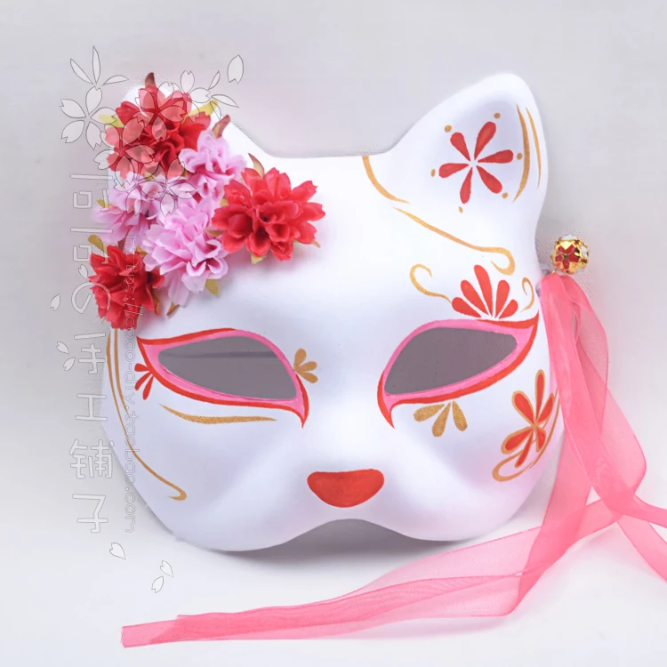 

Ancient style mask kimono fox cat hand-painted anime cherry gold red pink silk flower bell cosplay